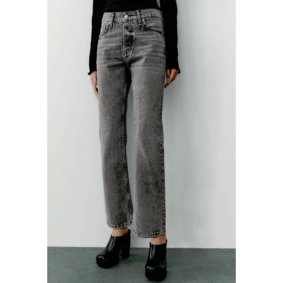 NWT Zara light wash black sparkle embellished mid rise straight leg jeans, 10 - Picture 5 of 15